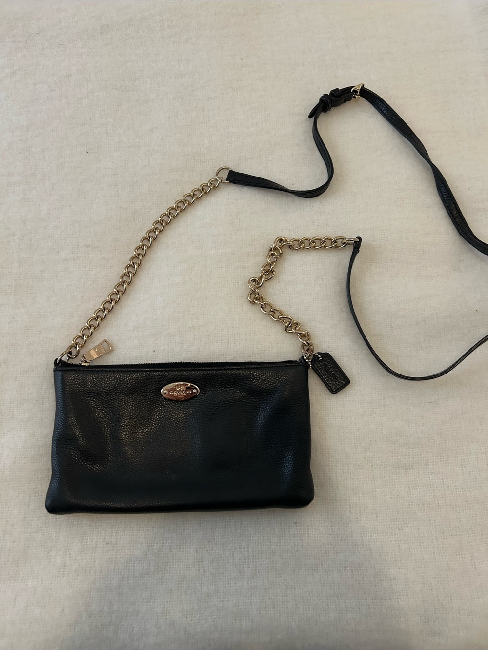 Coach Black Pebbled Leather Crossbody with Gold Chain and Leather Strap